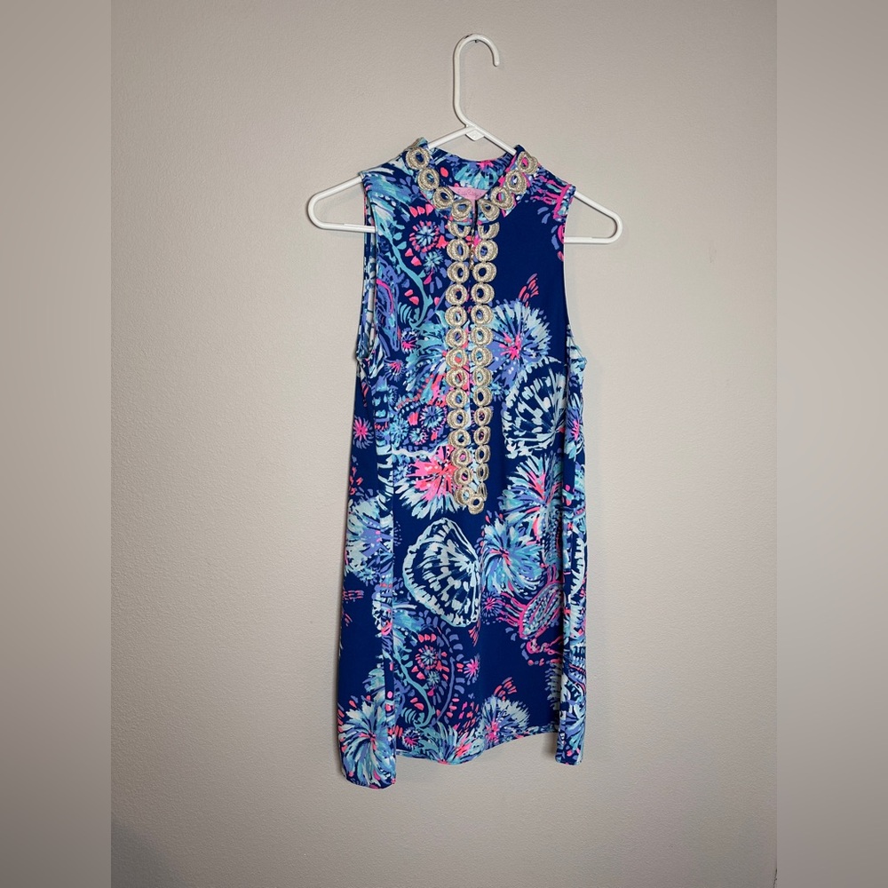 Lilly Pulitzer Jane Shift Dress Indigo Gypsea Girl Blue Pink Gold Womens 2